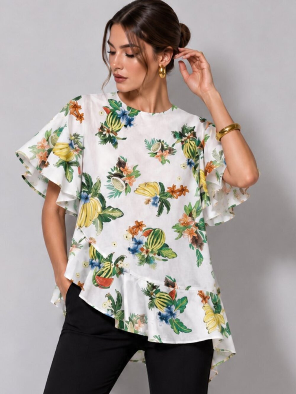 Zara Oversized Printed Ruffle Blouse